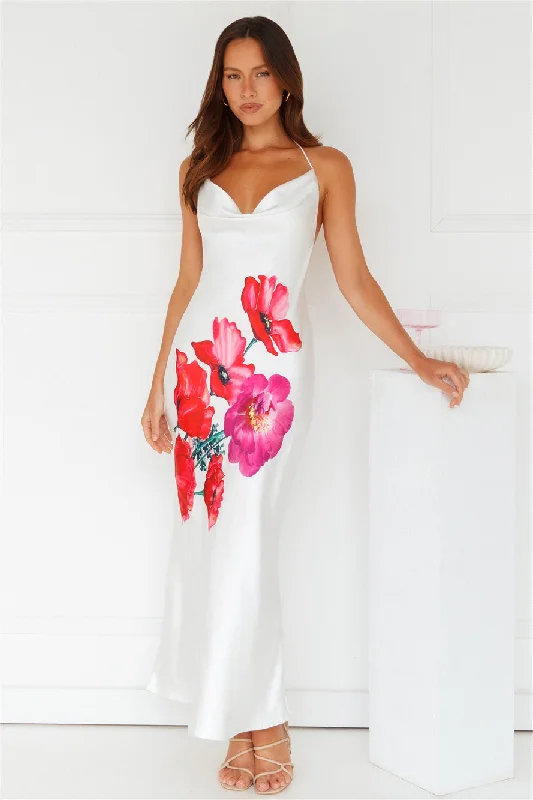 Rebellious Rose Halter Satin Maxi Dress White