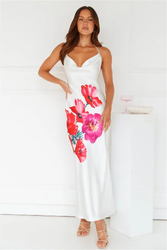 Rebellious Rose Halter Satin Maxi Dress White