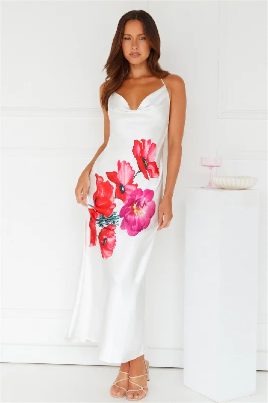 Rebellious Rose Halter Satin Maxi Dress White