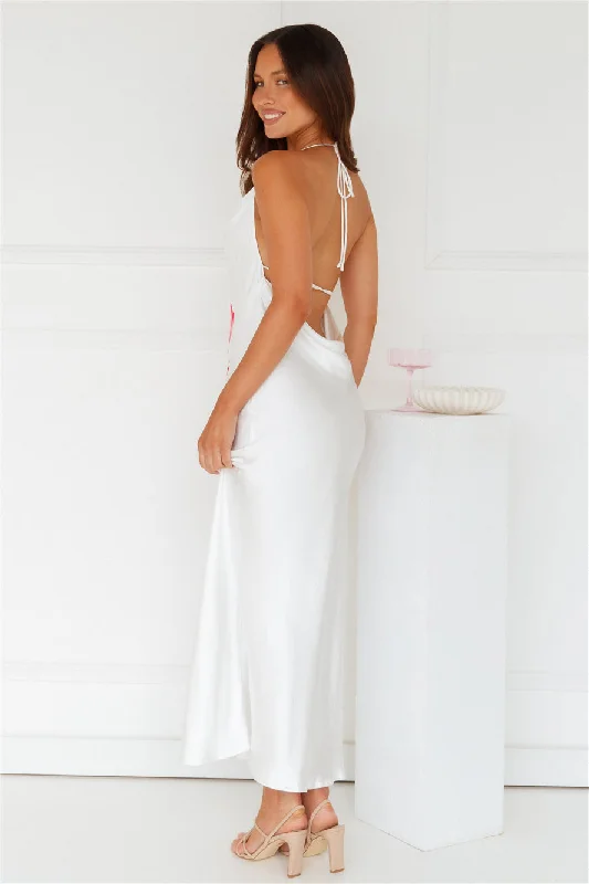 Rebellious Rose Halter Satin Maxi Dress White