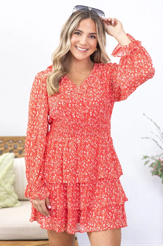 Red Ditsy Floral Smocked Waist Dress