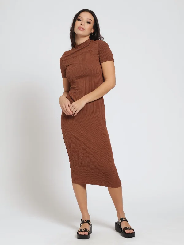 Rib Knit Midi Dress - Brown