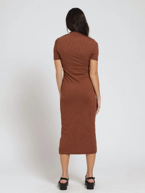 Rib Knit Midi Dress - Brown