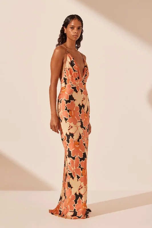 ROSA SILK PLUNGED DOUBLE STRAP MAXI DRESS