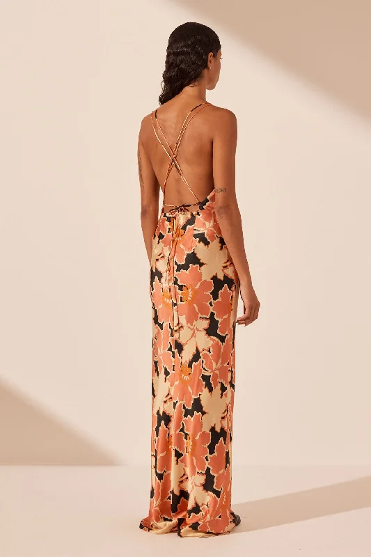 ROSA SILK PLUNGED DOUBLE STRAP MAXI DRESS