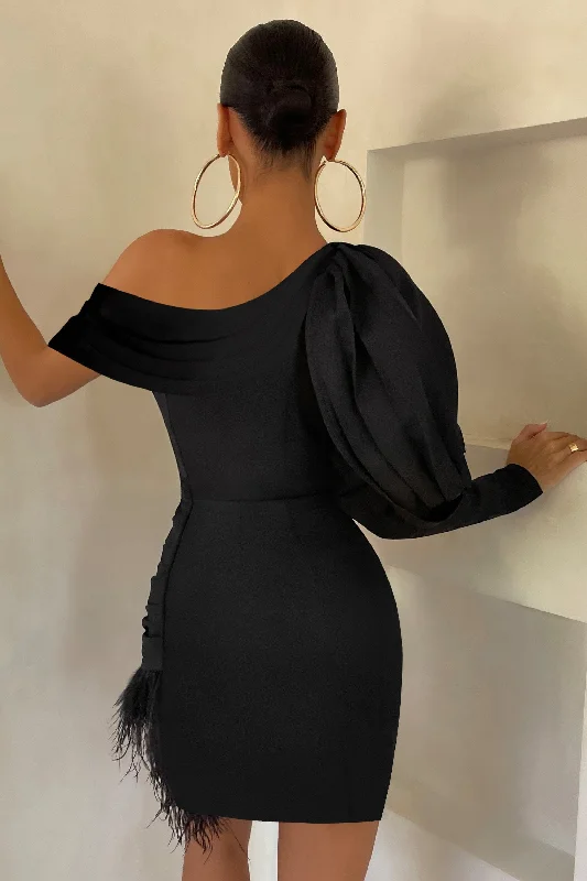 RSVP | Black Asymmetric Volume Sleeve Draped Feather Mini Dress