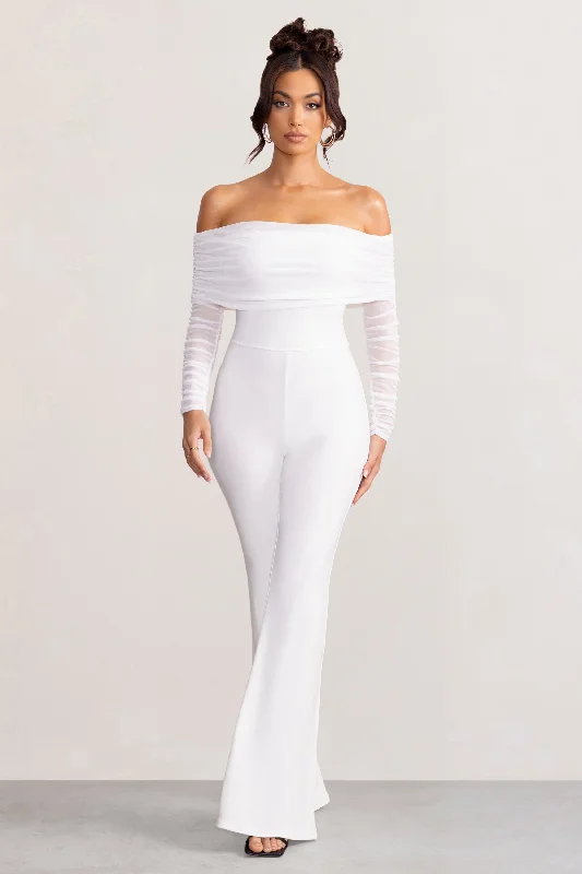 Whisper | White Ruched Mesh Bardot Jumpsuit