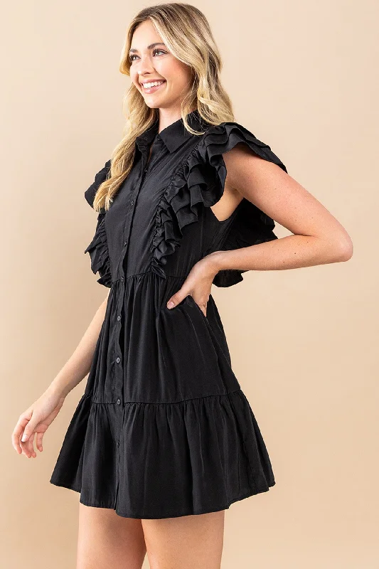 RUFFLE SLEEVE DRESS IN BLACK