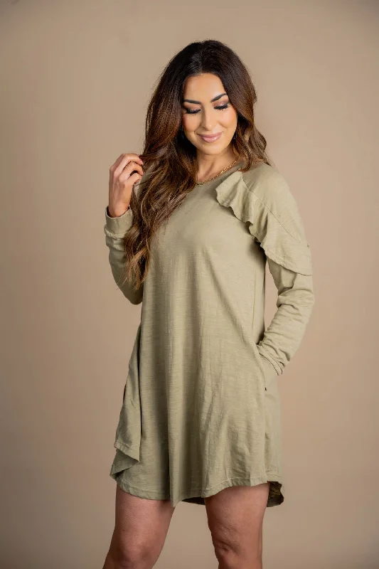 Ruffled Shoulder Long Sleeve Dress