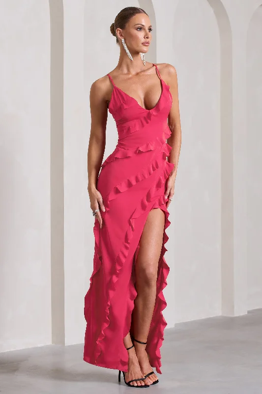 Run The World | Hot Pink Sweetheart Neckline Ruffle Maxi Dress