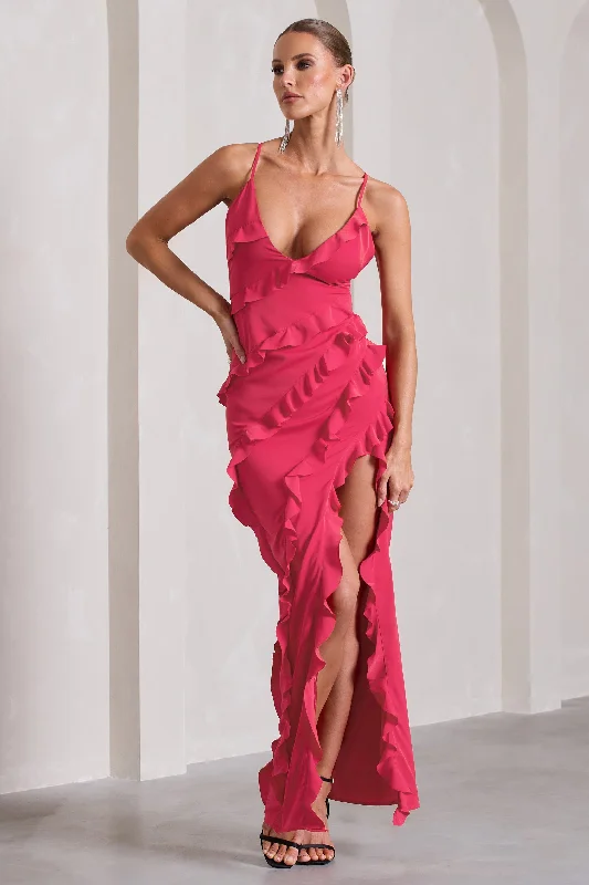 Run The World | Hot Pink Sweetheart Neckline Ruffle Maxi Dress