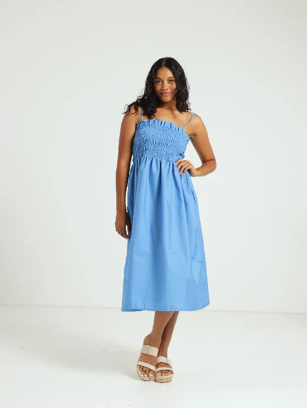 Shirred Bodice Poplin Midi Dress - Blue