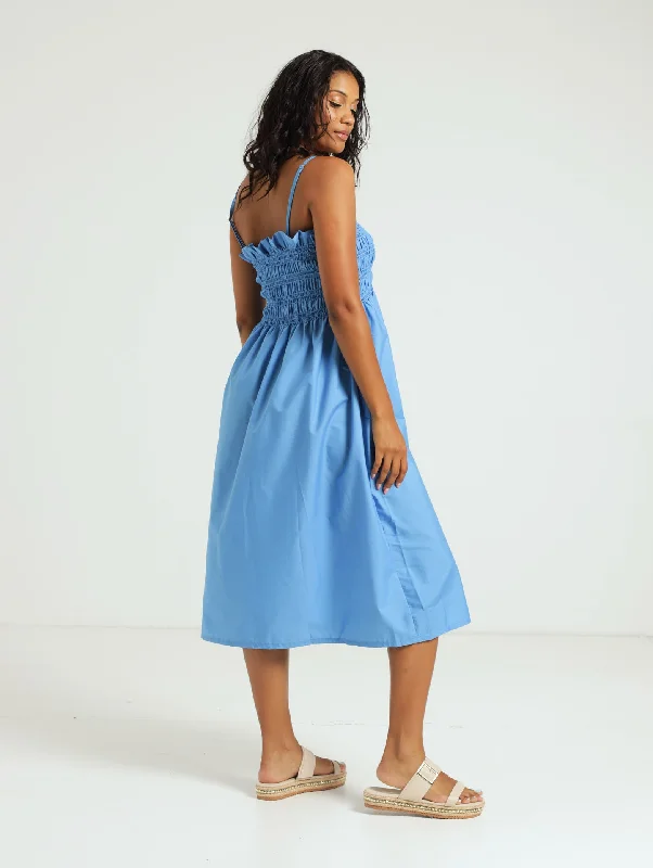 Shirred Bodice Poplin Midi Dress - Blue