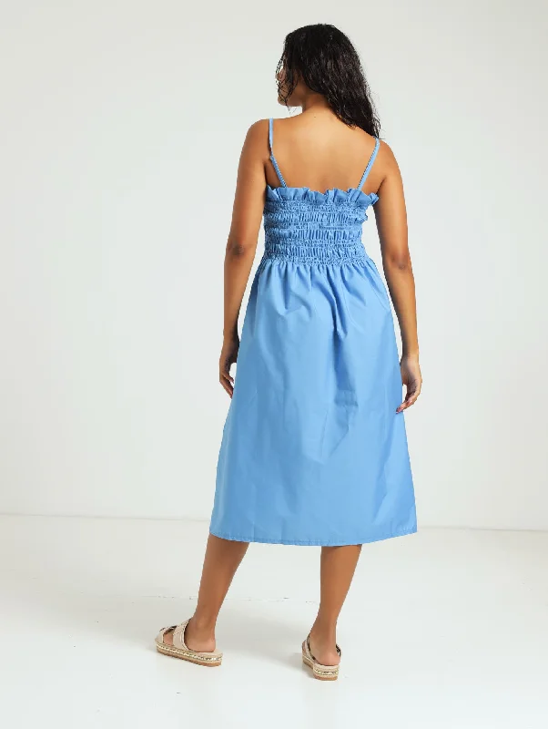 Shirred Bodice Poplin Midi Dress - Blue