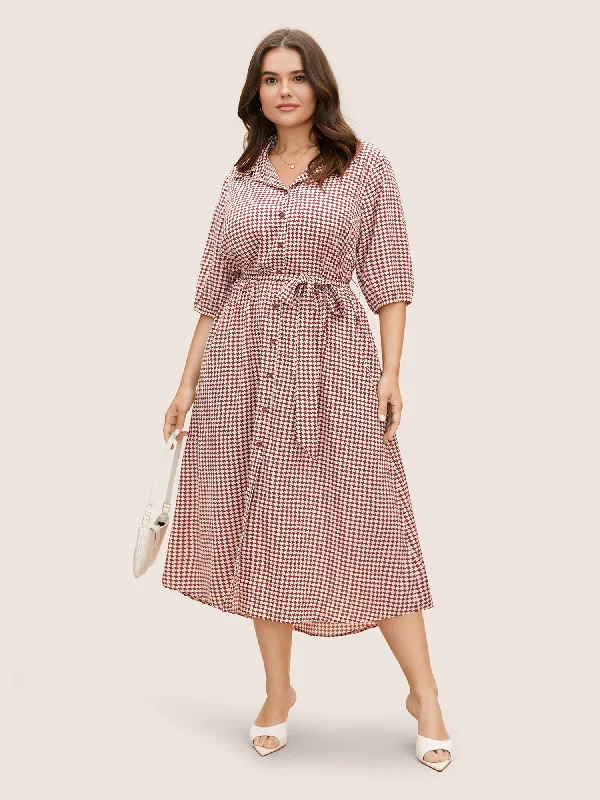 Shirt Collar Geometric Lantern Sleeve Belted Dress