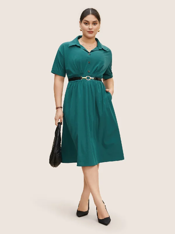 Shirt Collar Pleated Button Detail Gathered Midi Dress