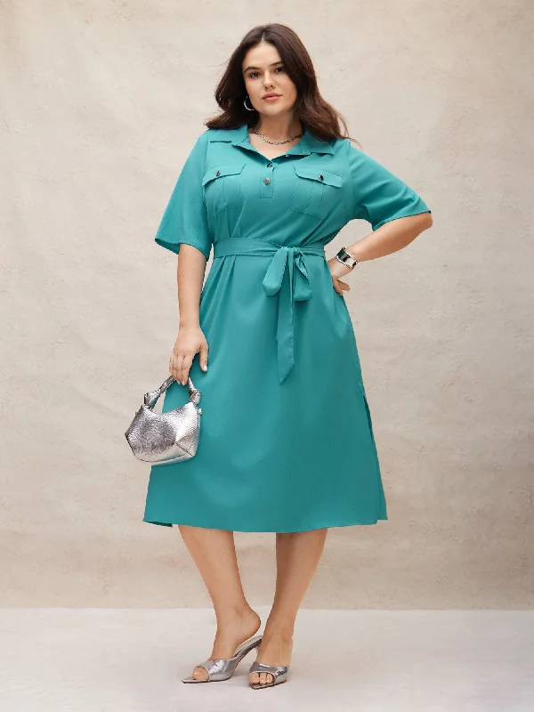 Shirt Collar Solid Flap Pocket Split Hem Dress