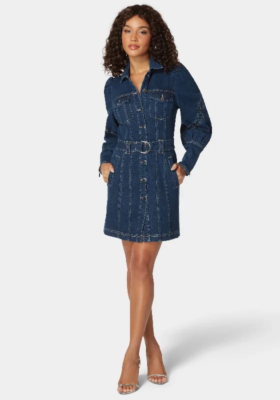 Sleeve Detail Front Button Denim Dress