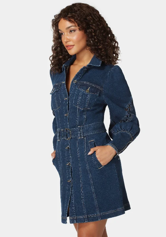 Sleeve Detail Front Button Denim Dress