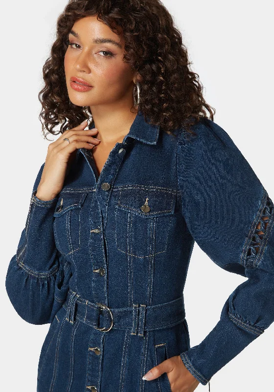 Sleeve Detail Front Button Denim Dress