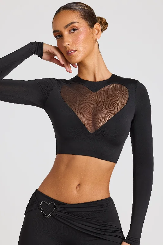 Sheer Panelled Long Sleeve Crop Top in Black