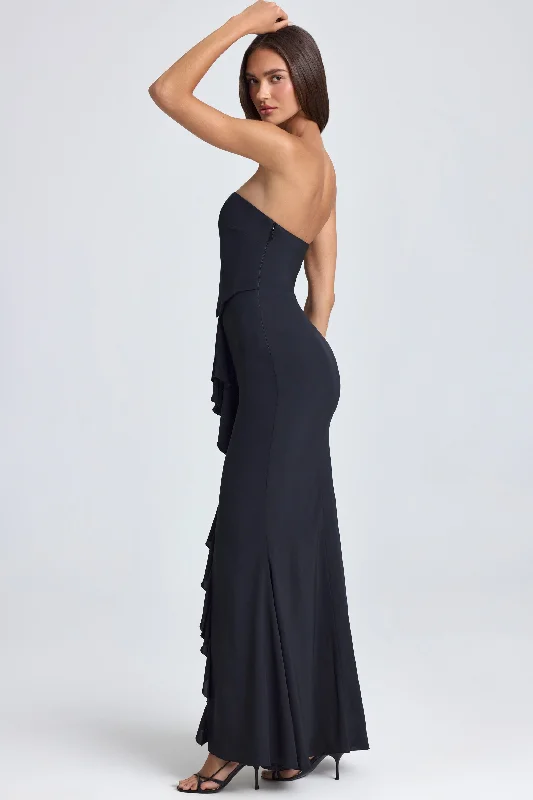 Bandeau Ruffle-Trim Corset Gown in Black