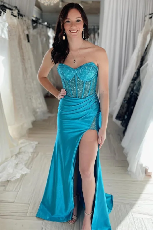 Teal Rhinestone Strapless Sheath Prom Dresses Formal Dress with Slit PSK559