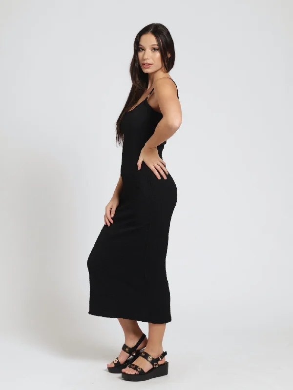 Textured Basic Strappy Midi Dress - Black