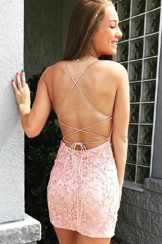 Tie Back  Appliqued Sheath Pink Short Prom Dress Homecoming Dress PD327