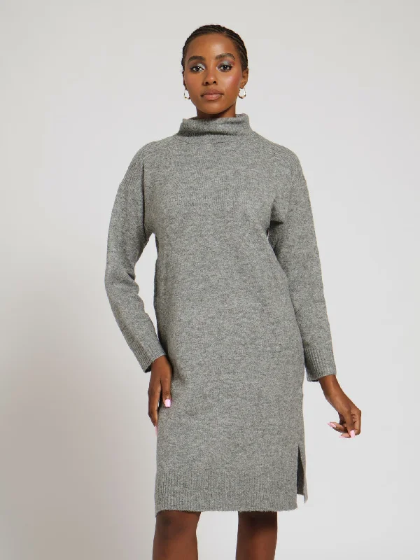 Turtle Neck Oversized Knitwear Dress - Grey Melange