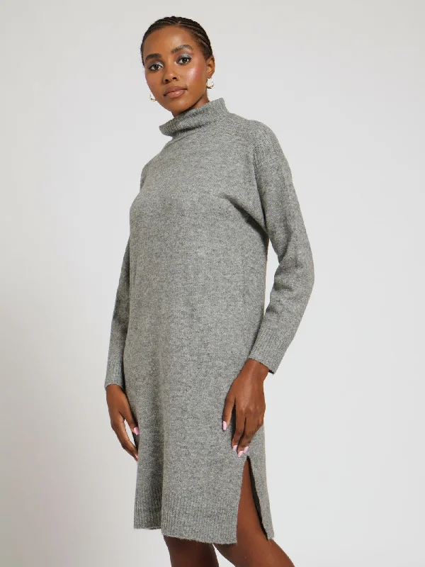 Turtle Neck Oversized Knitwear Dress - Grey Melange