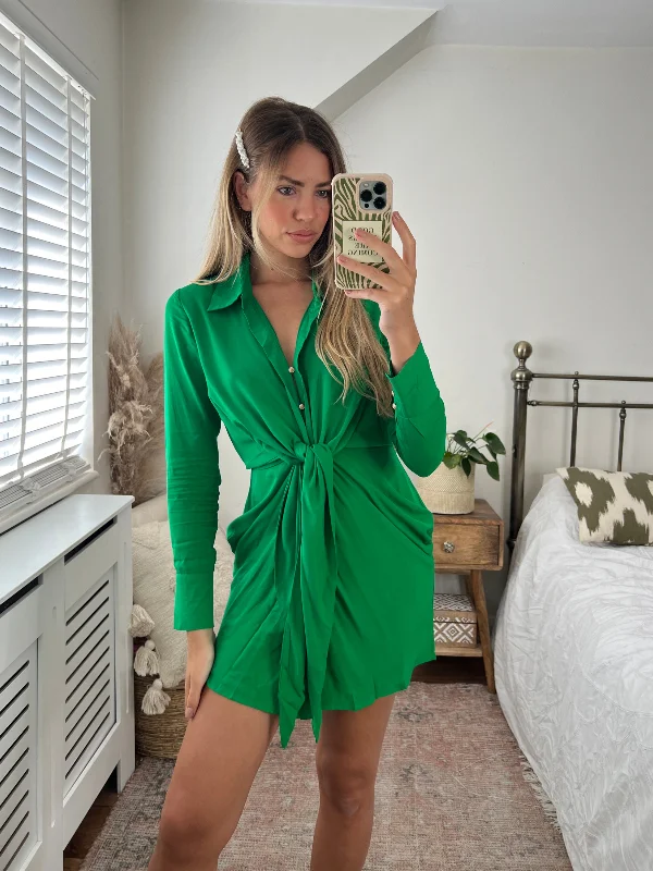 Venus Tie Front Shirt Dress / Green