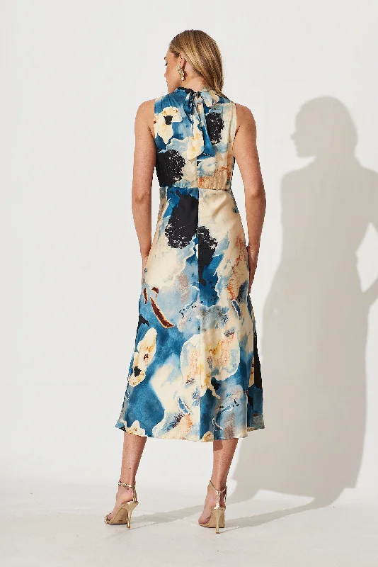 Vision Of Love Midi Dress In Blue Multi Watercolour Satin