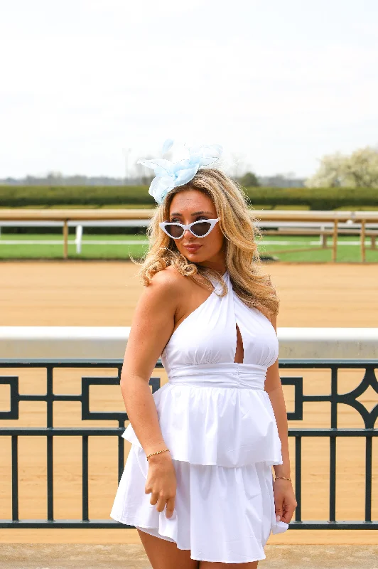 WHITE CUT OUT RUFFLE DRESS