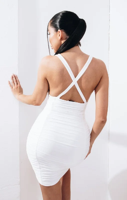 White Slinky Ruched Plunge Bodycon Mini Dress - Azaria