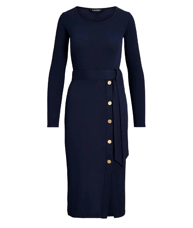 Belted Navy Rib-Knit Dress - Navy