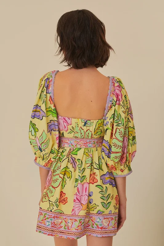 Yellow Floral Insects Short Sleeves Mini Dress