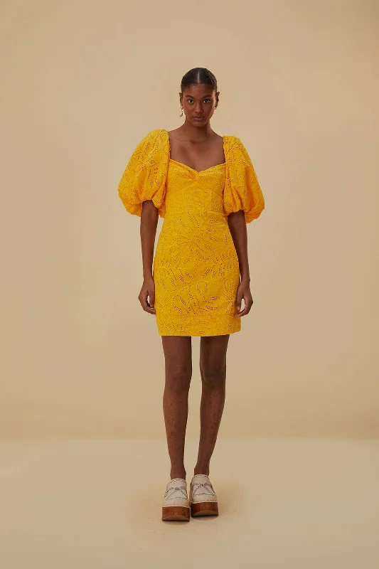 Yellow Monstera Eyelet Short Sleeve Mini Dress