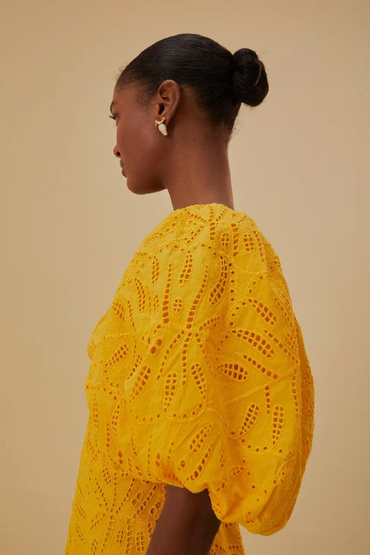 Yellow Monstera Eyelet Short Sleeve Mini Dress