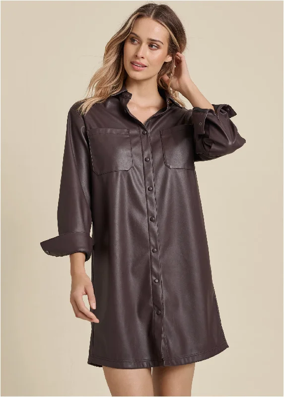 Faux leather shirt dress - Dark Brown