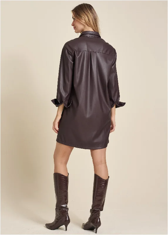 Faux leather shirt dress - Dark Brown