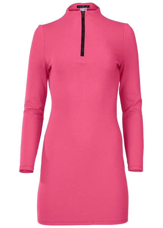 Ponte Quarter Zip Dress - Hot Pink