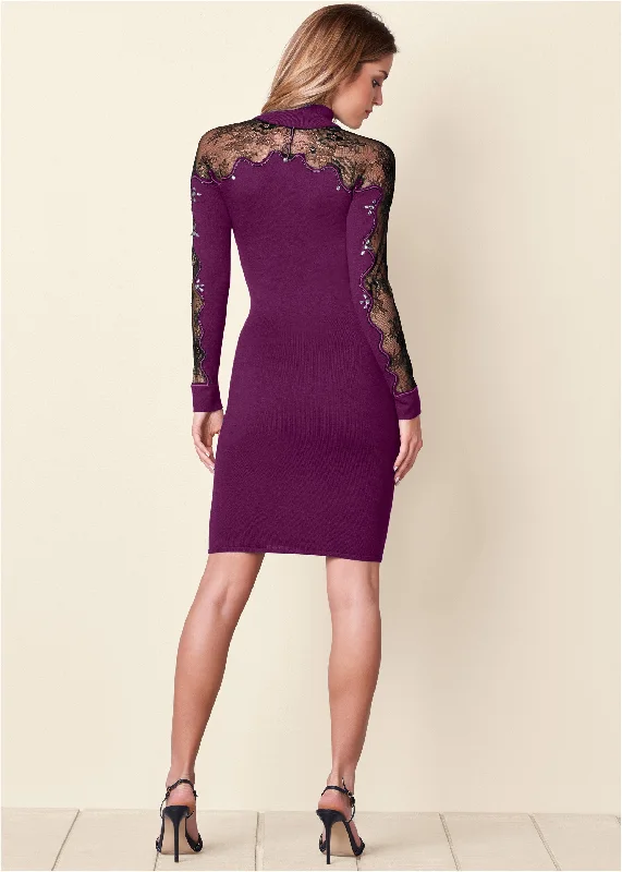 Lace detail sweater dress - Dark Purple & Black