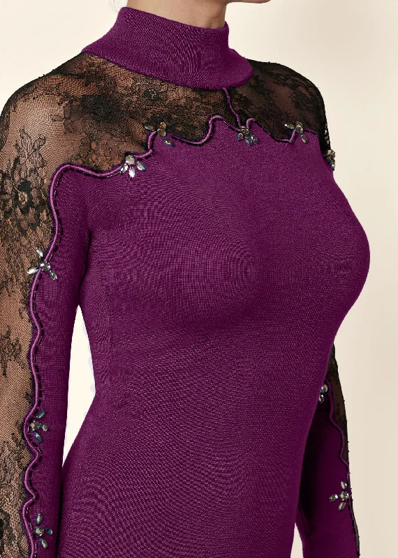 Lace detail sweater dress - Dark Purple & Black