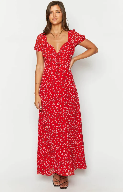 Ayla Red Floral Short Sleeve Maxi Dress