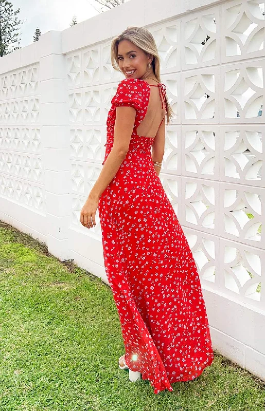 Ayla Red Floral Short Sleeve Maxi Dress