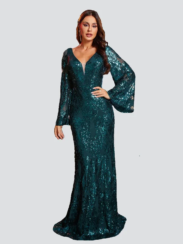 Backless Bell Sleeve Sequin Evening Dress RJ10459