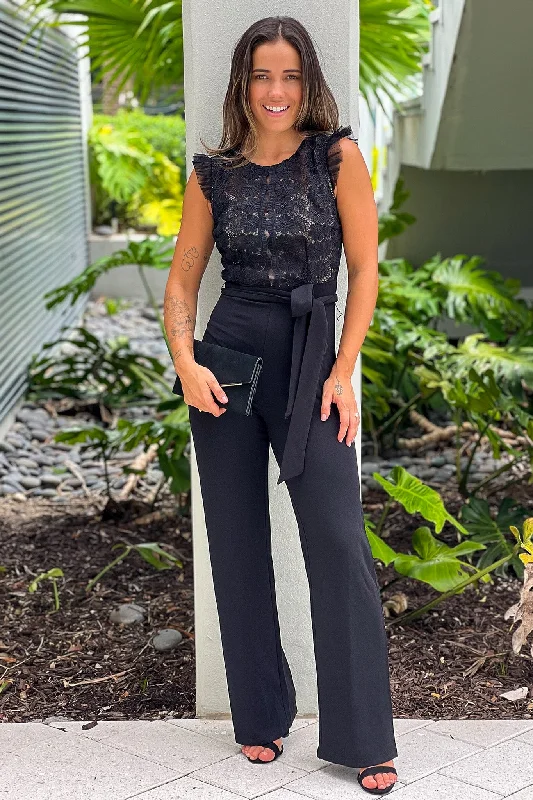 Black Jumpsuit With Lace Top And Tie Belt