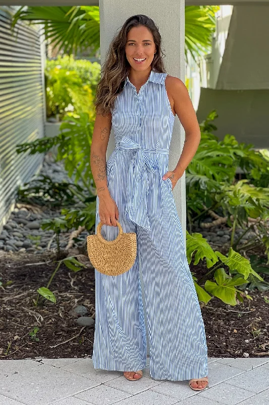 Blue Striped Button Down Jumpsuit