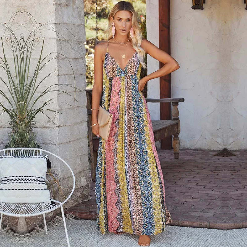 BerriesJam - Casual Boho V-neck Dress Spaghetti Strap Beach Dress